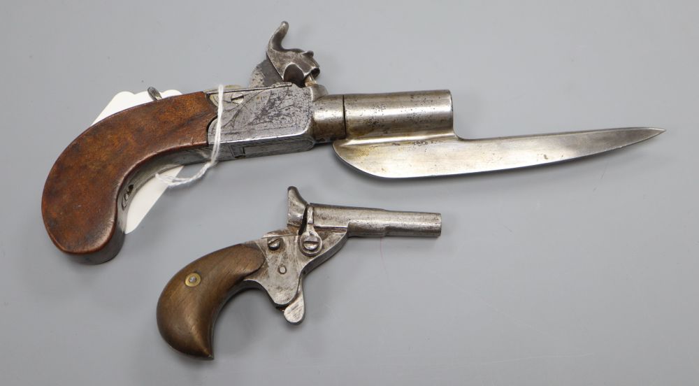 A 19th century boxlock pocket pistol, signed Degg, the turn off barrel with fixed bayonet, probably adapted, 22cm and a 19th century